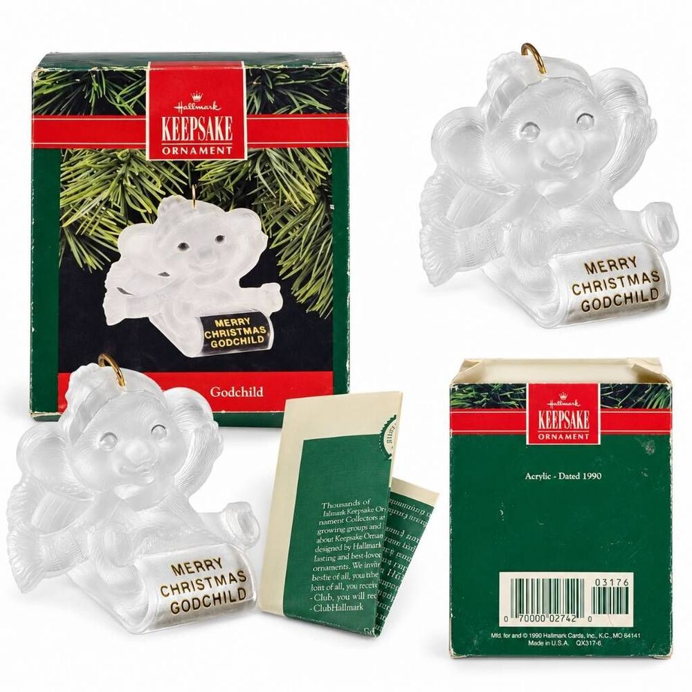 1990 Hallmark Keepsake Ornament “Merry Christmas Godchild” Acrylic Angel Bear w/